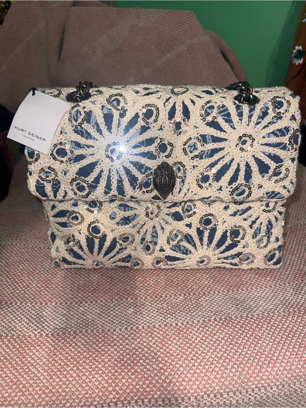Kurt Geiger Blue & Cream Crochet Chain Shoulder Bag with Embellished Clasp BNWT